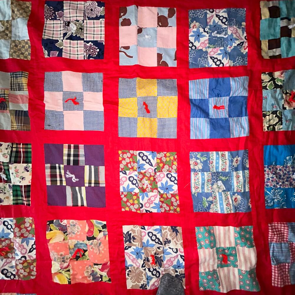 Vibrant Vintage Red Nine Patch Quilt Handcrafted Americana 65x75” - Picture 8 of 11